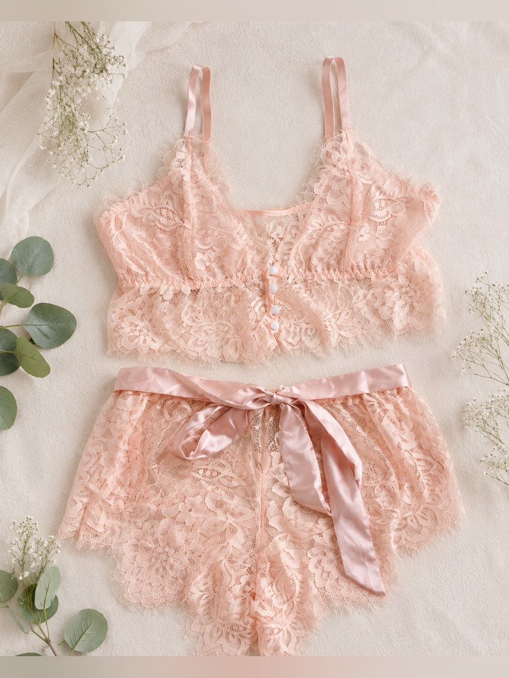 Lace Bralette and Short Set - Blush Pink